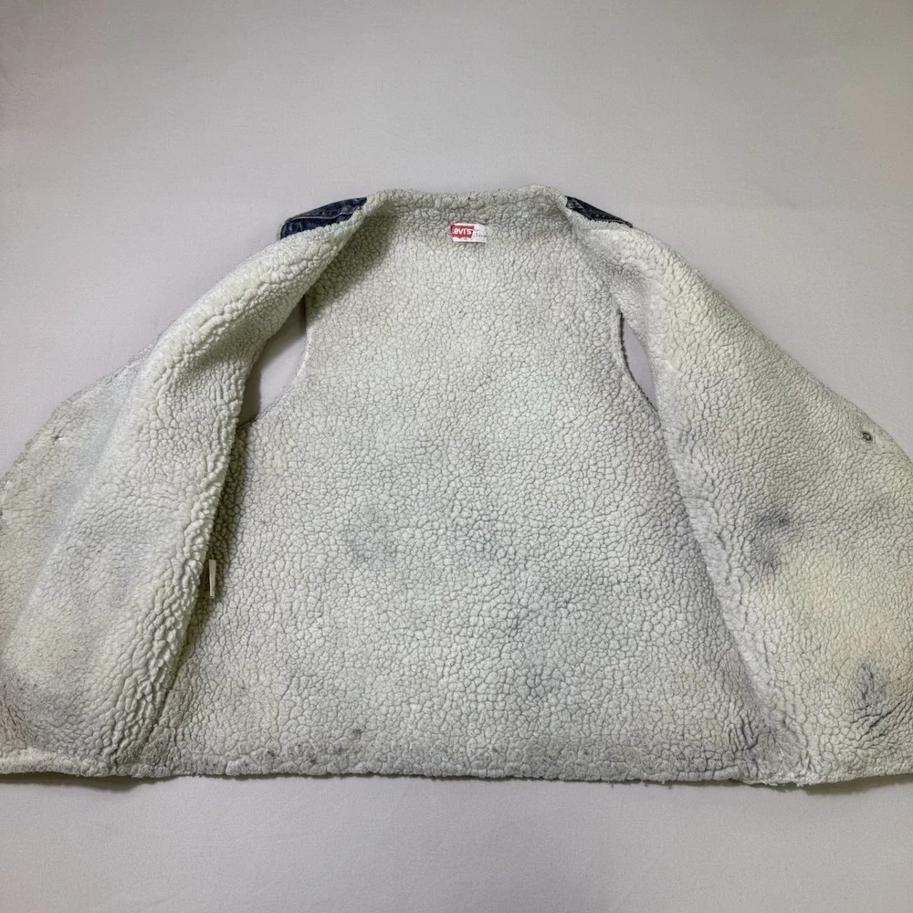 Vintage Levis Sherpa Lined Trucker Vest Jacket Mens Medium Denim USA Orange Tab‎